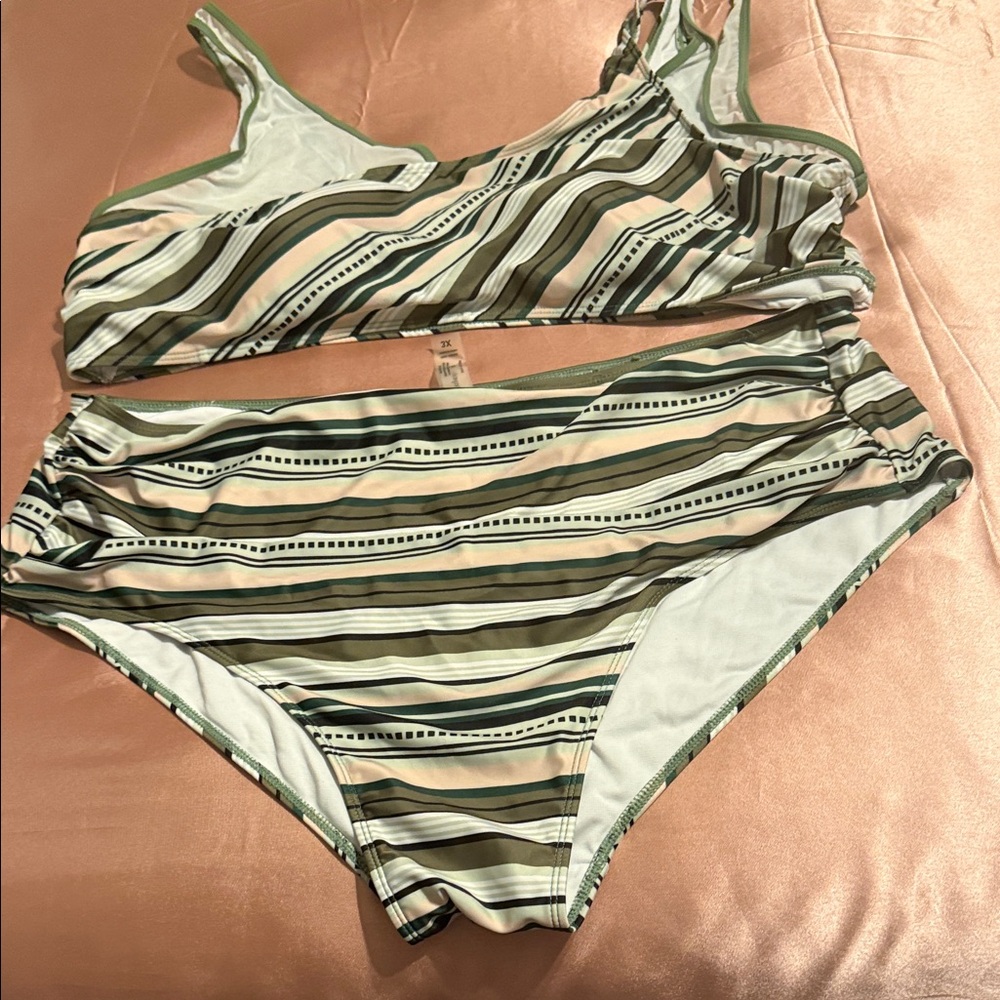 Catherine Malandrino Striped Swim Bottoms in Sage, Cream and Black